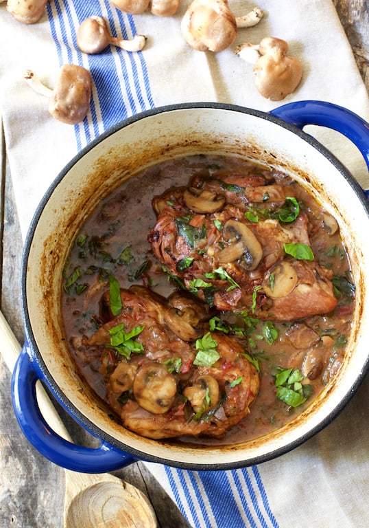 Chicken Pinot Noir with Wild Mushrooms and Fresh Basil Recipe | HeyFood — heyfoodapp.com