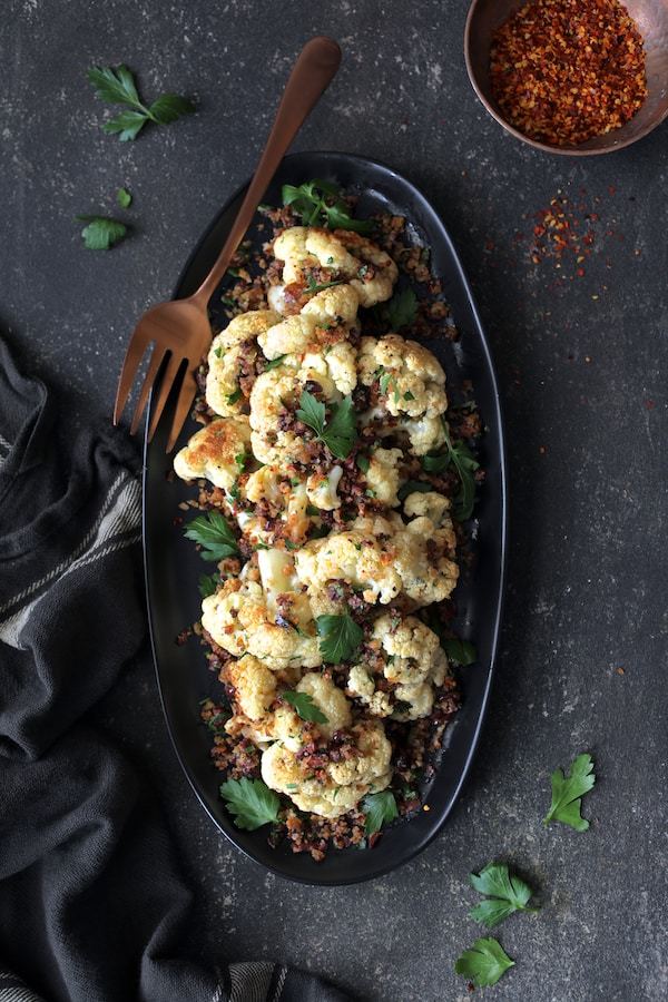 Roasted Cauliflower with Black Olive Pangrattato Recipe | HeyFood — heyfoodapp.com