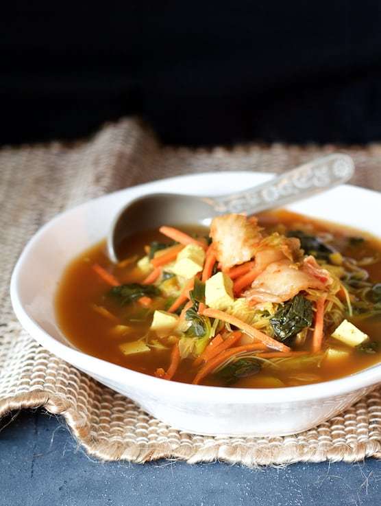 Asian Vegetable Soup with Tofu, Kimchi and Rice Noodles Recipe | HeyFood — heyfoodapp.com