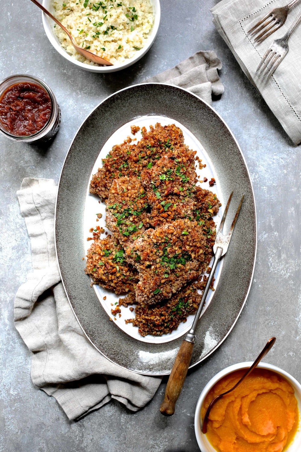 Pecan Crusted Turkey Cutlets with Red Onion Marmalade and Alexia Sides Recipe | HeyFood — heyfoodapp.com
