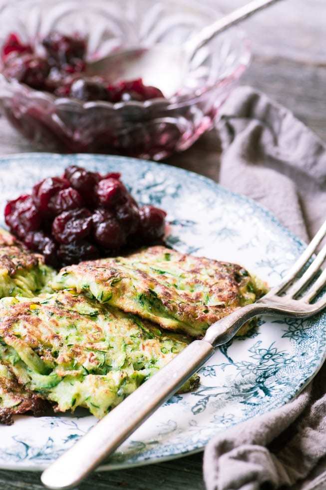 Zucchini Latkes with Maple Cranberry Sauce Recipe | HeyFood — heyfoodapp.com