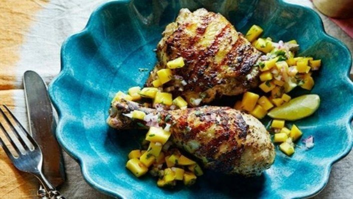 Grilled Jerk Chicken with Mango and Coriander Salsa Recipe | HeyFood — heyfoodapp.com
