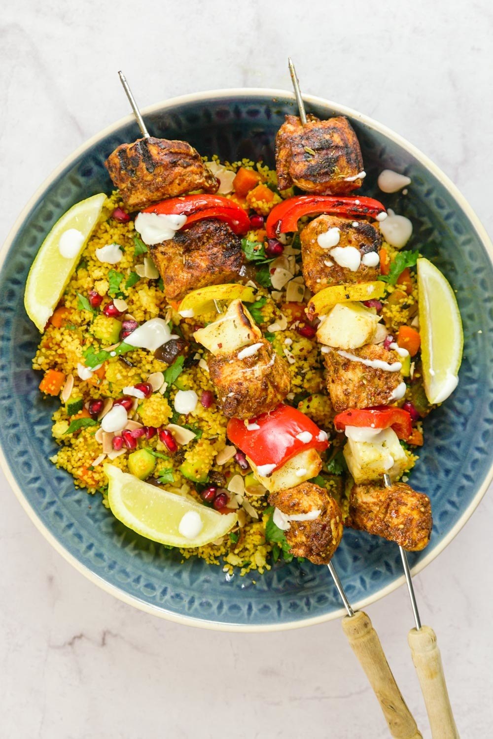 Spiced Chicken and Halloumi Skewers With Colourful Couscous Recipe | HeyFood — heyfoodapp.com