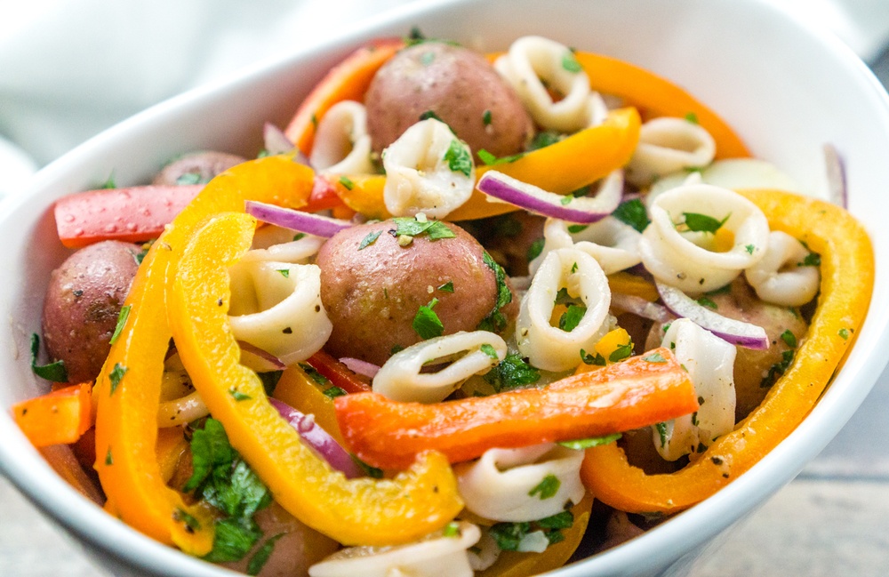 Spanish Style Calamari Potato Salad Recipe | HeyFood — heyfoodapp.com