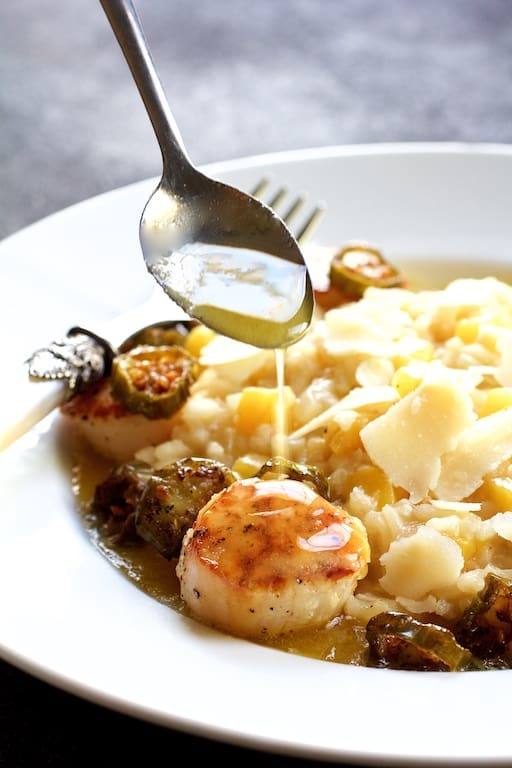 Sea Scallops with Jalapeno Brown Butter and Mango Buttermilk Risotto Recipe | HeyFood — heyfoodapp.com