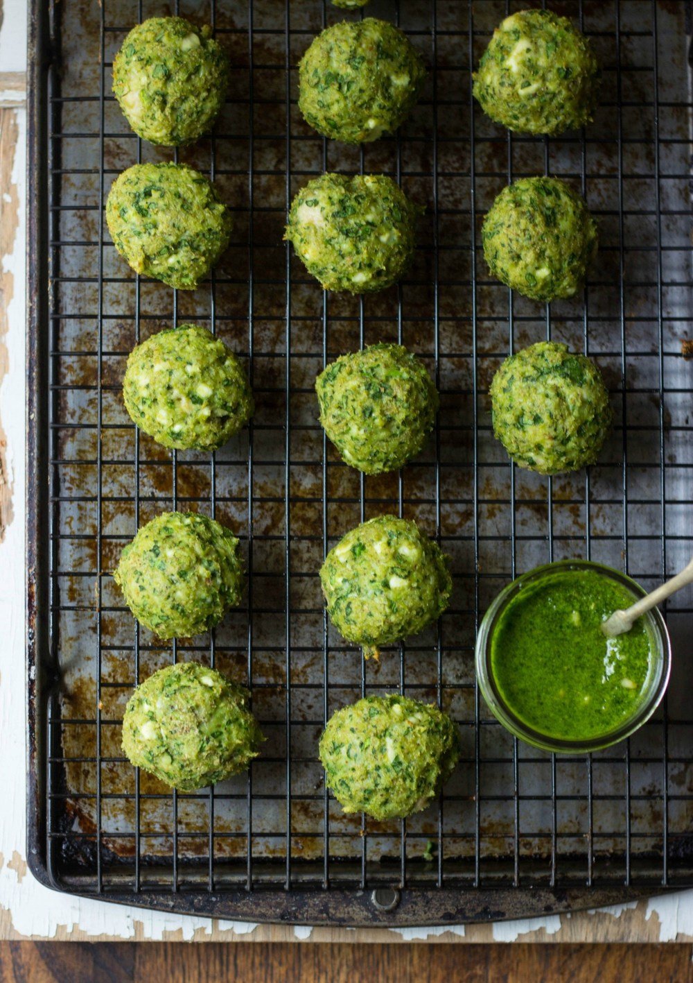 Spanakopita Chicken Meatballs and Spinach-Dill Pesto Recipe | HeyFood — heyfoodapp.com