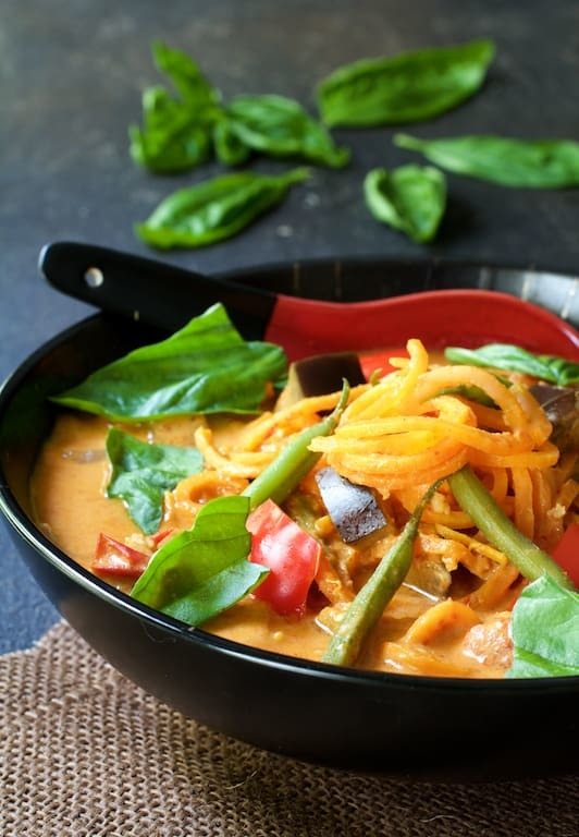 Vegetables in Thai Red Curry with Sweet Potato Noodles Recipe | HeyFood — heyfoodapp.com