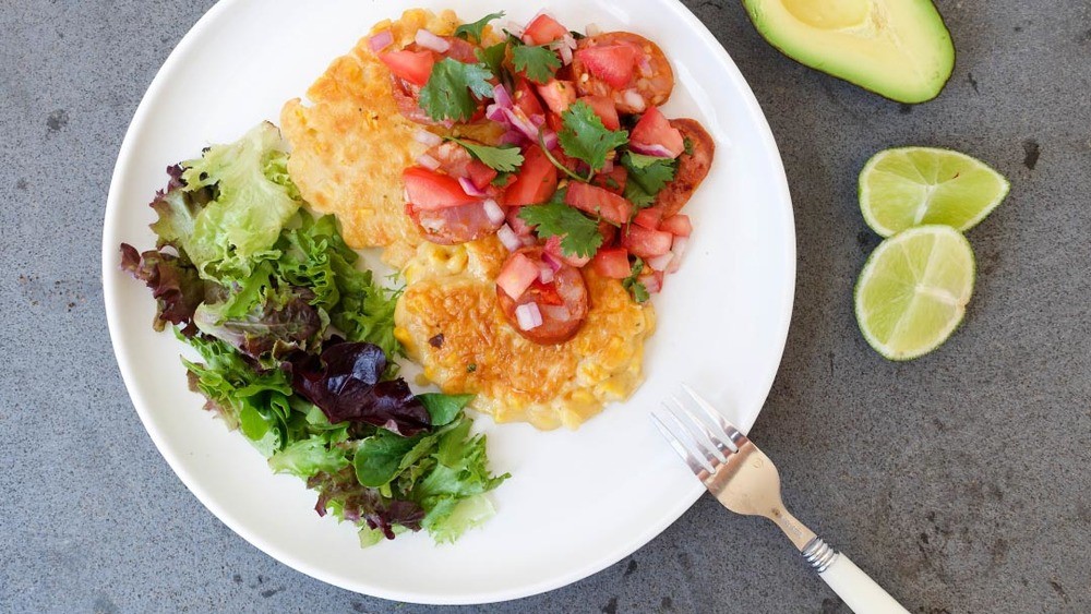 Sweet Corn Pancakes with Chorizo Salsa Recipe | HeyFood — heyfoodapp.com