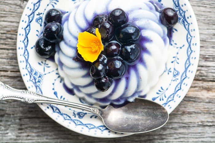 Coconut Panna Cotta with Blueberry Sauce Recipe | HeyFood — heyfoodapp.com