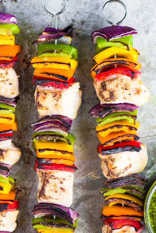 Rainbow Chicken Skewers with Spicy Pesto Sauce Recipe | HeyFood — heyfoodapp.com