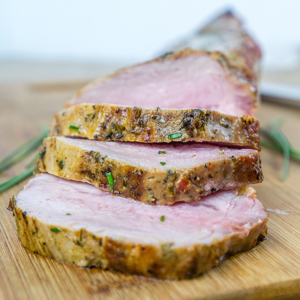 Roasted Pork Loin Dinner with Cheesy Grits and Sauteed Greens Recipe | HeyFood — heyfoodapp.com