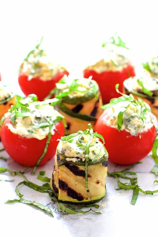 Cream Cheese and Artichoke Stuffed Tomatoes and Grilled Zucchini Recipe | HeyFood — heyfoodapp.com