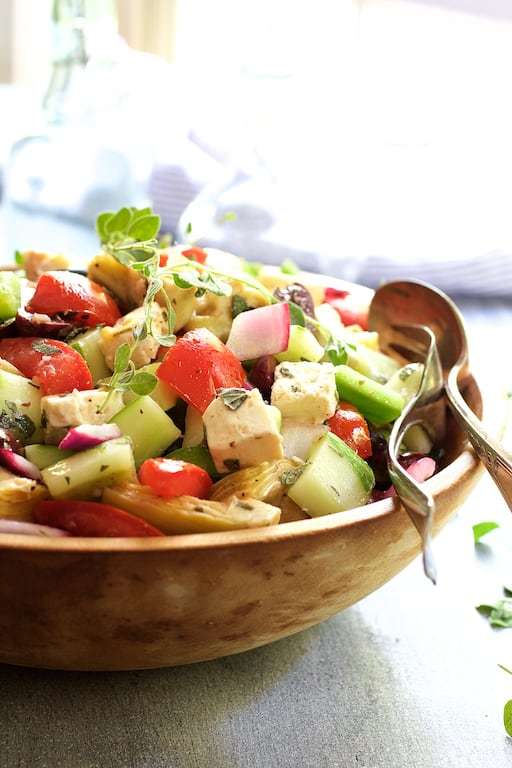 Greek Vegetable Salad with Marinated Feta Cheese Recipe | HeyFood — heyfoodapp.com