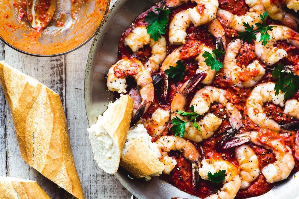 Shrimp in Romesco Sauce Recipe | HeyFood — heyfoodapp.com