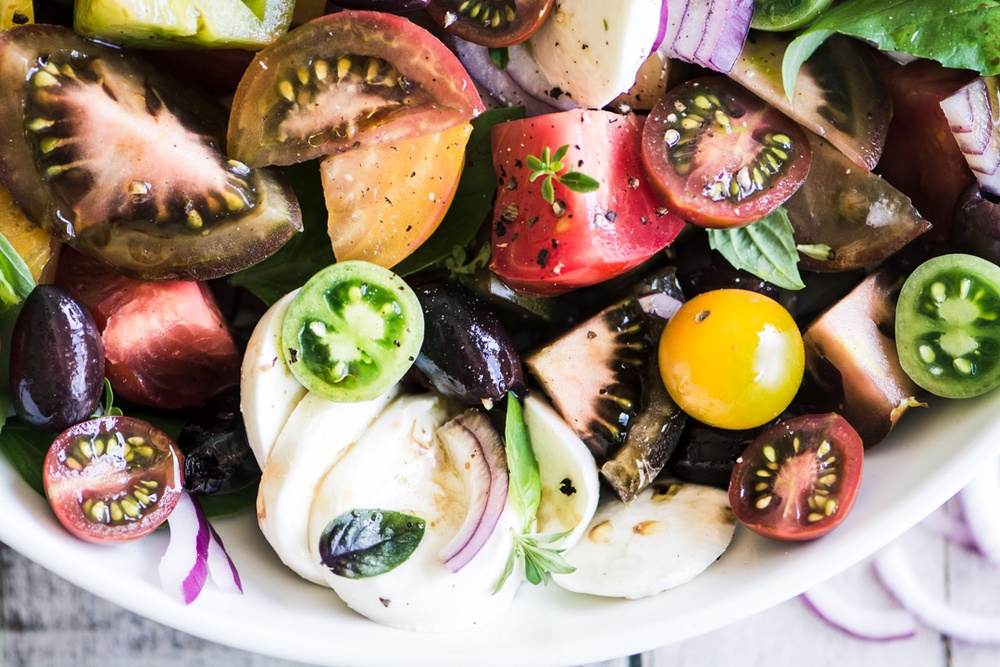 Heirloom Caprese Salad with Kalamata Olive Vinaigrette Recipe | HeyFood — heyfoodapp.com