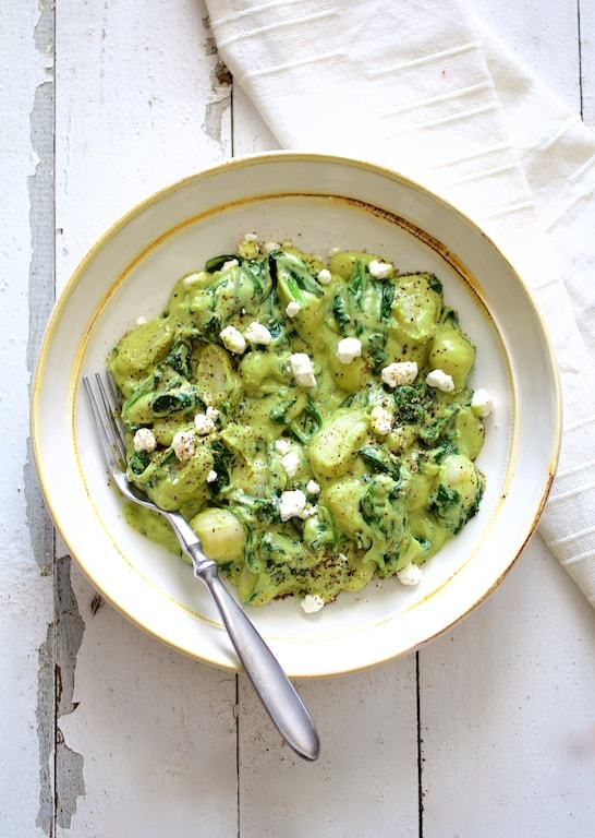 Gnocchi with Spinach and Avocado Goat Cheese Sauce Recipe | HeyFood — heyfoodapp.com