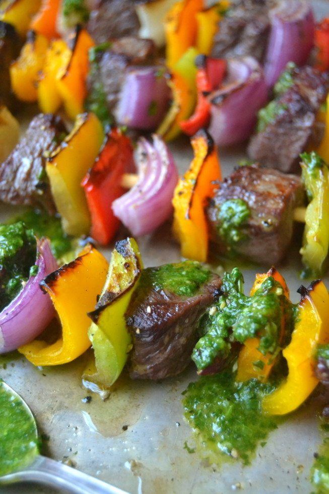 Steak Fajita Skewers with Cilantro Sauce Recipe | HeyFood — heyfoodapp.com