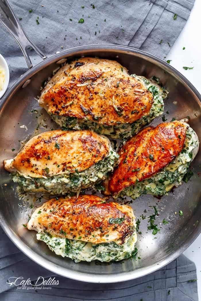 Spinach Artichoke Stuffed Chicken Breast Recipe | HeyFood — heyfoodapp.com
