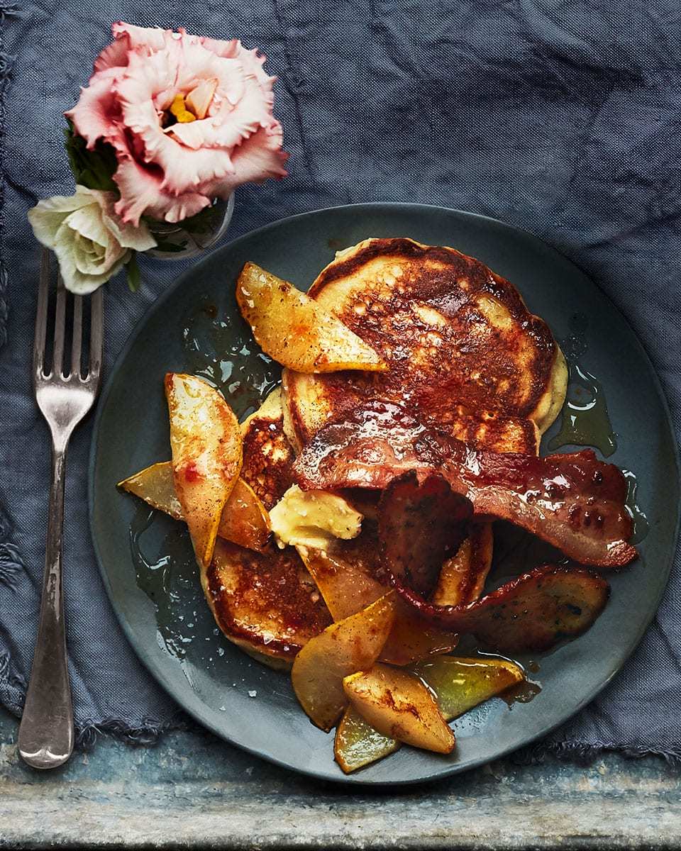 Ricotta Pancakes With Spiced Pear And Bacon Butter Recipe | HeyFood — heyfoodapp.com
