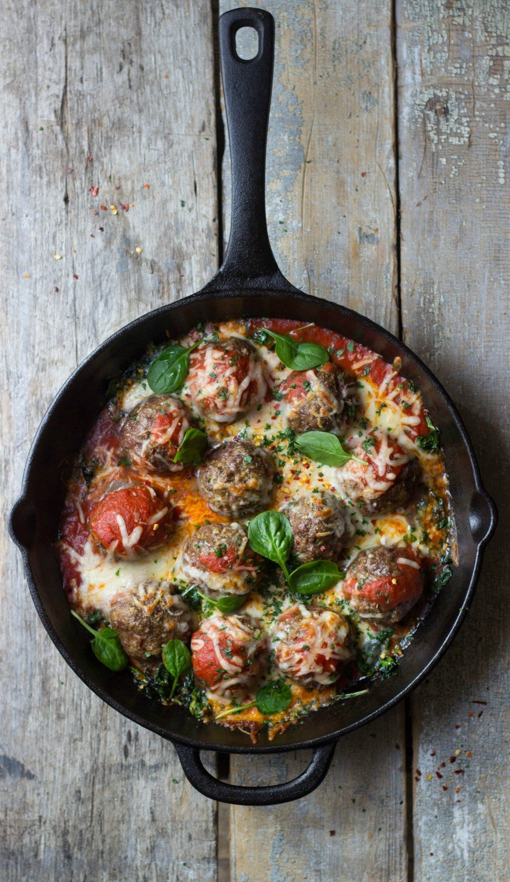 Italian Meatball, Mozzarella & Spinach Skillet Recipe | HeyFood — heyfoodapp.com