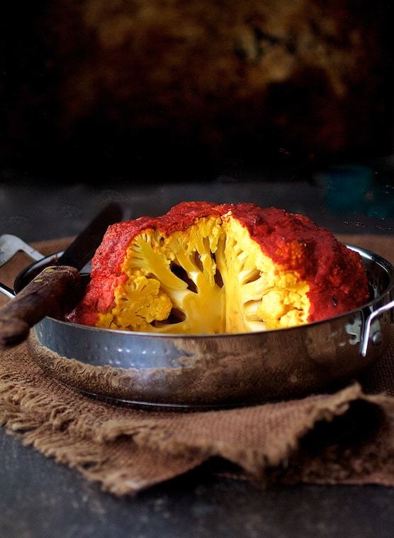 Brined Whole Roasted Tandoori Cauliflower Recipe | HeyFood — heyfoodapp.com