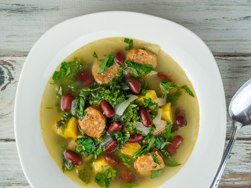 Sausage & Kidney Bean with Butternut Squash and Kale Recipe | HeyFood — heyfoodapp.com