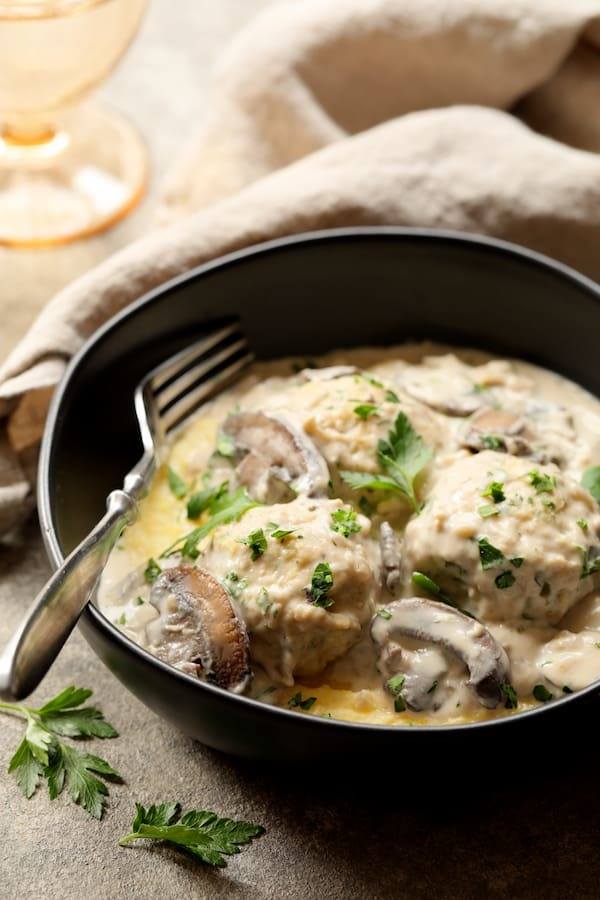Chicken Meatballs Marsala with Baked Parmesan Polenta Recipe | HeyFood — heyfoodapp.com