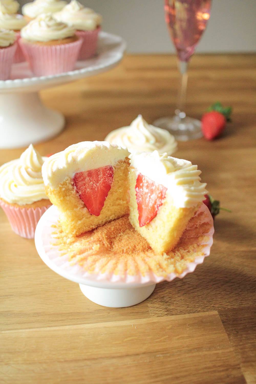 Strawberry and Vanilla Cupcakes with Prosecco Frosting Recipe | HeyFood — heyfoodapp.com