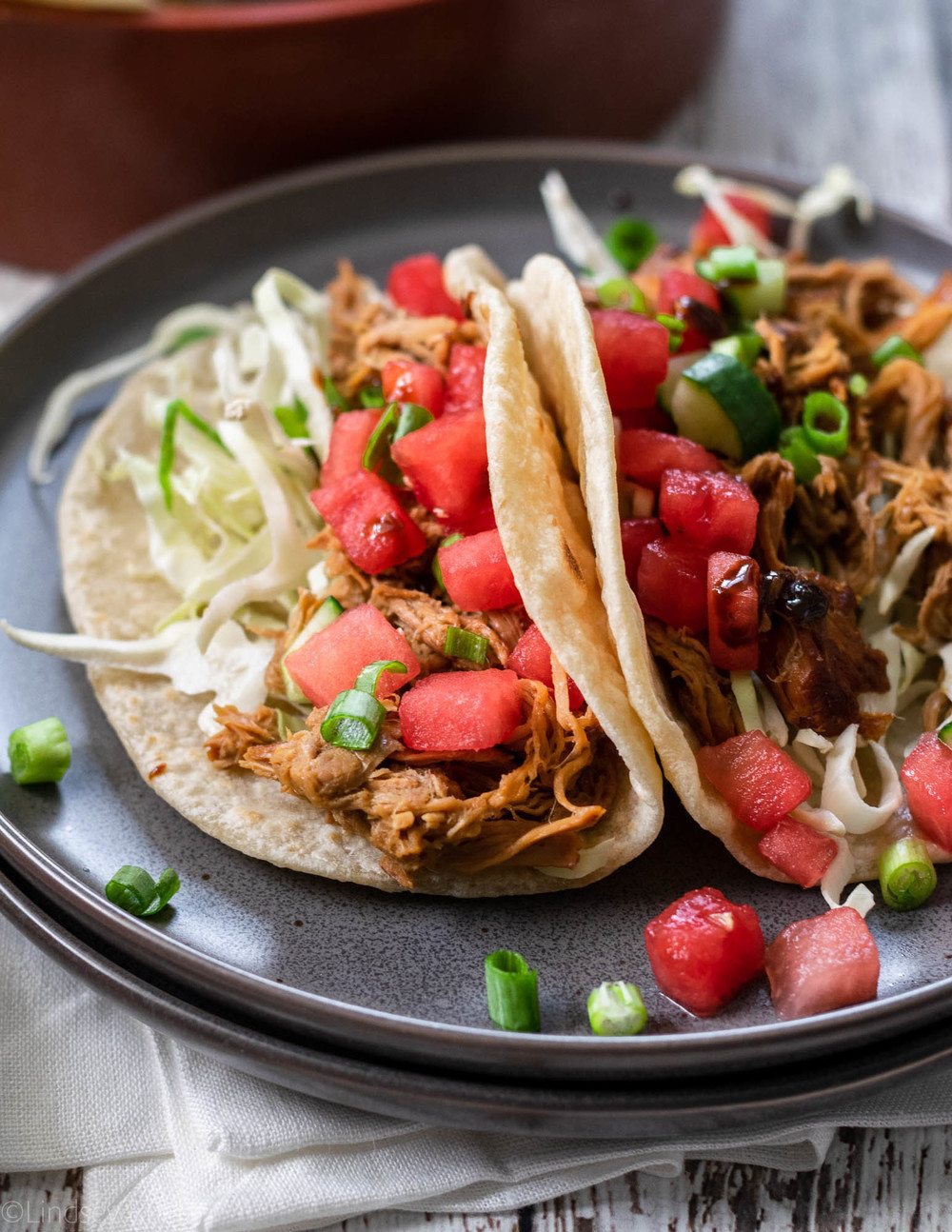 Asian Pork Tacos with Watermelon Cucumber Salsa Recipe | HeyFood — heyfoodapp.com