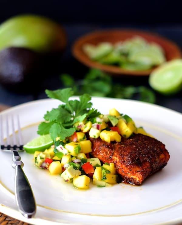 Blackened Halibut with Mango and Avocado Salsa Recipe | HeyFood — heyfoodapp.com