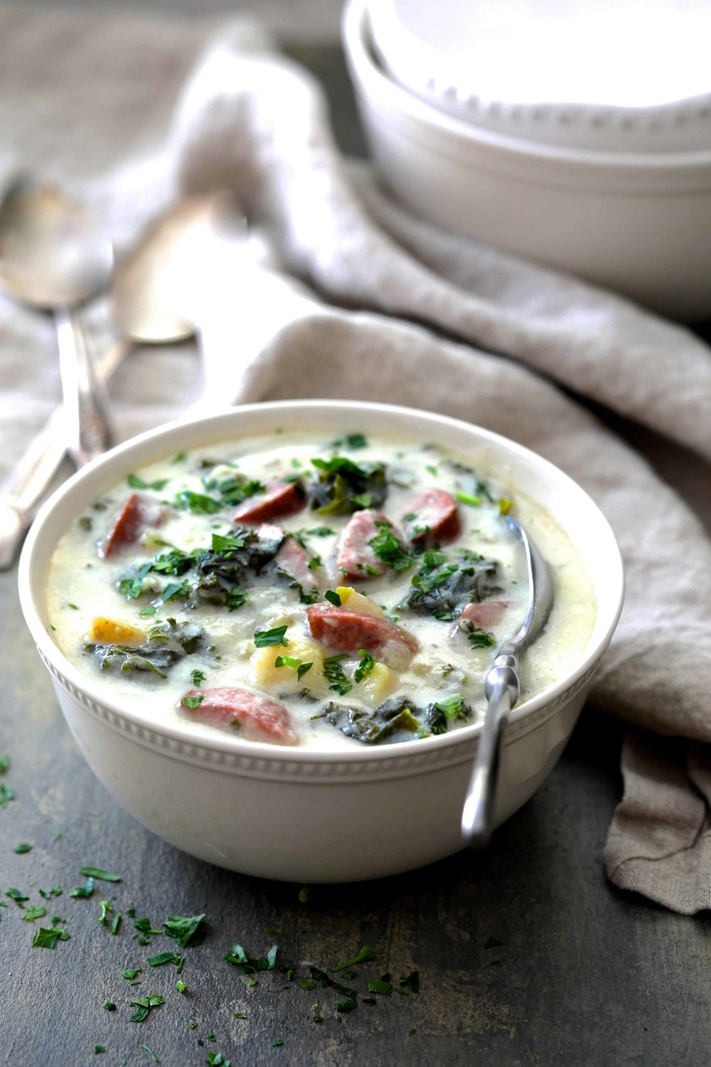 Creamy Potato Kielbasa and Kale Soup Recipe | HeyFood — heyfoodapp.com