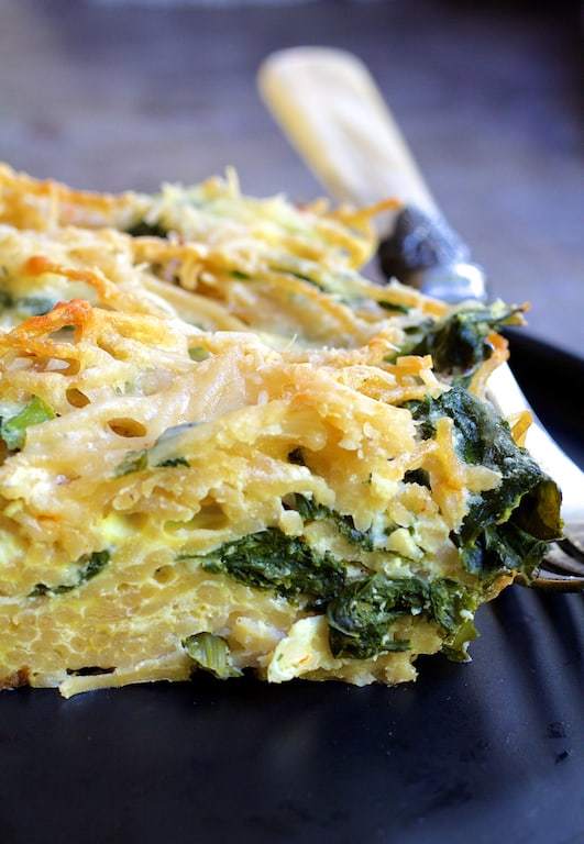 Baked Spaghetti Frittata with Broccoli Rabe, Bacon and Three Cheeses Recipe | HeyFood — heyfoodapp.com