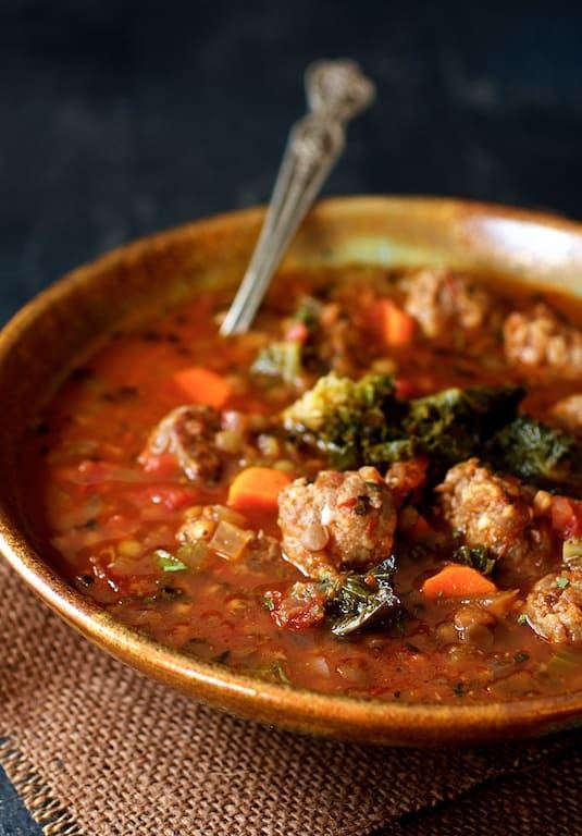 Sausage and Lentil Soup with Kale Sprouts Recipe | HeyFood — heyfoodapp.com