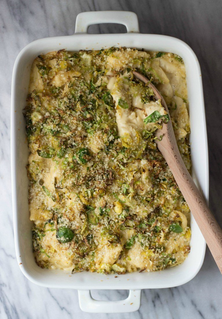 Mac and Cheese with Crispy Brussels Sprout Topping Recipe | HeyFood — heyfoodapp.com