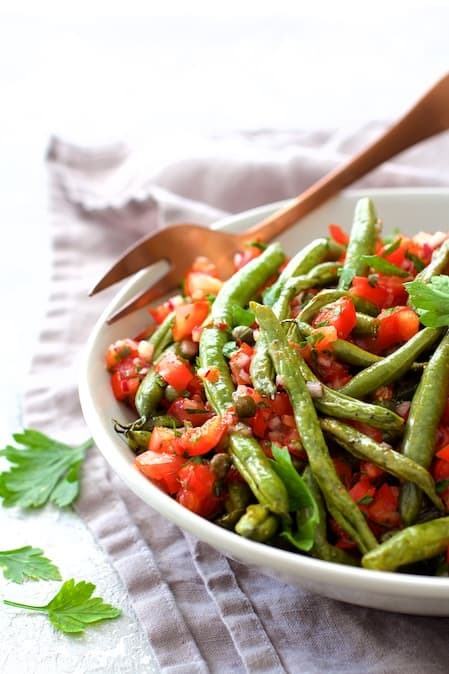 Roasted Green Beans with Tomato Caper Relish Recipe | HeyFood — heyfoodapp.com