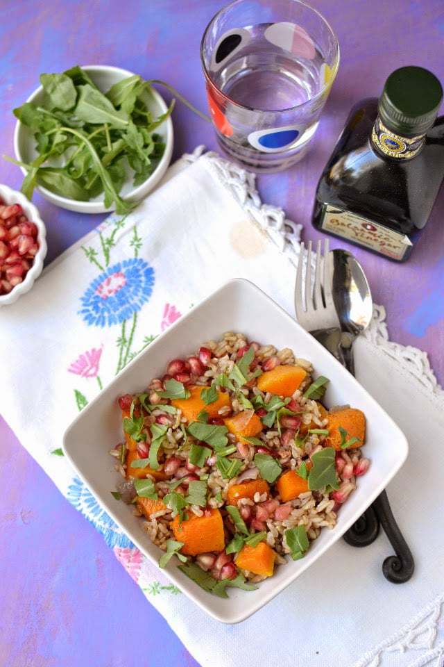 Brown Rice Salad with Roasted Butternut Squash & Pomegranates Recipe | HeyFood — heyfoodapp.com