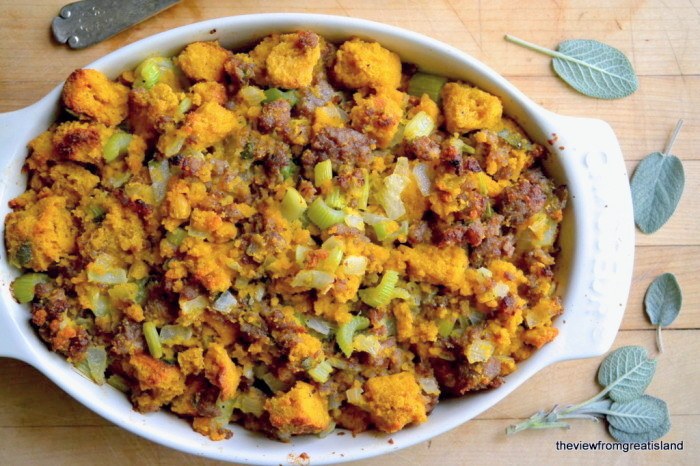 Pumpkin Cornbread Stuffing with Country Sausage and Sage Recipe | HeyFood — heyfoodapp.com