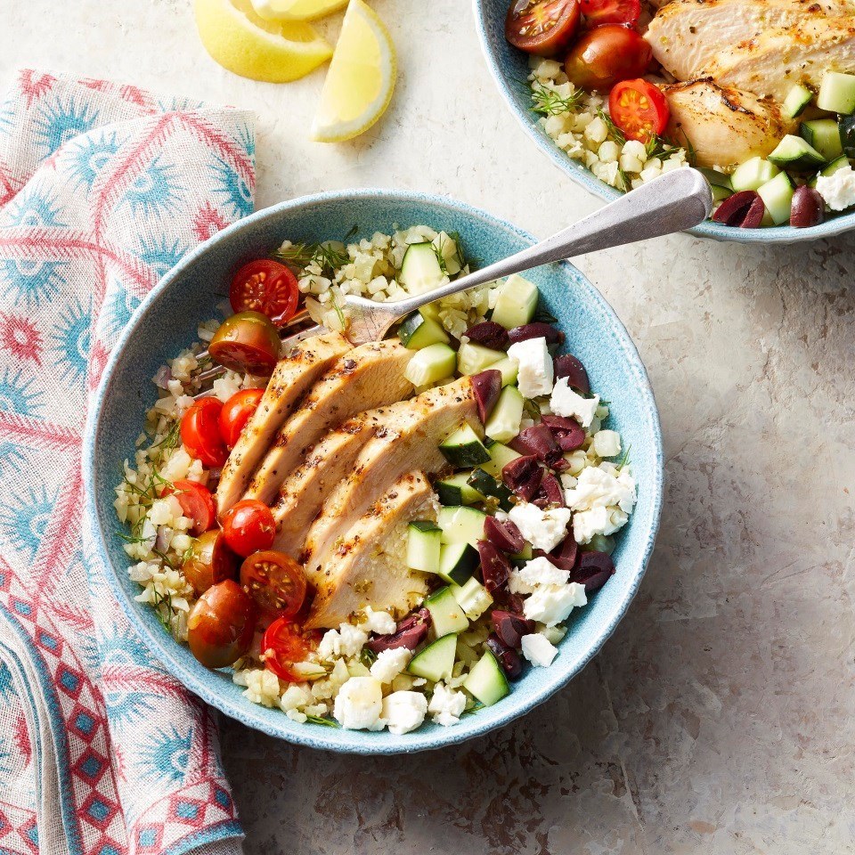 Greek Cauliflower Rice Bowls with Grilled Chicken Recipe | HeyFood — heyfoodapp.com