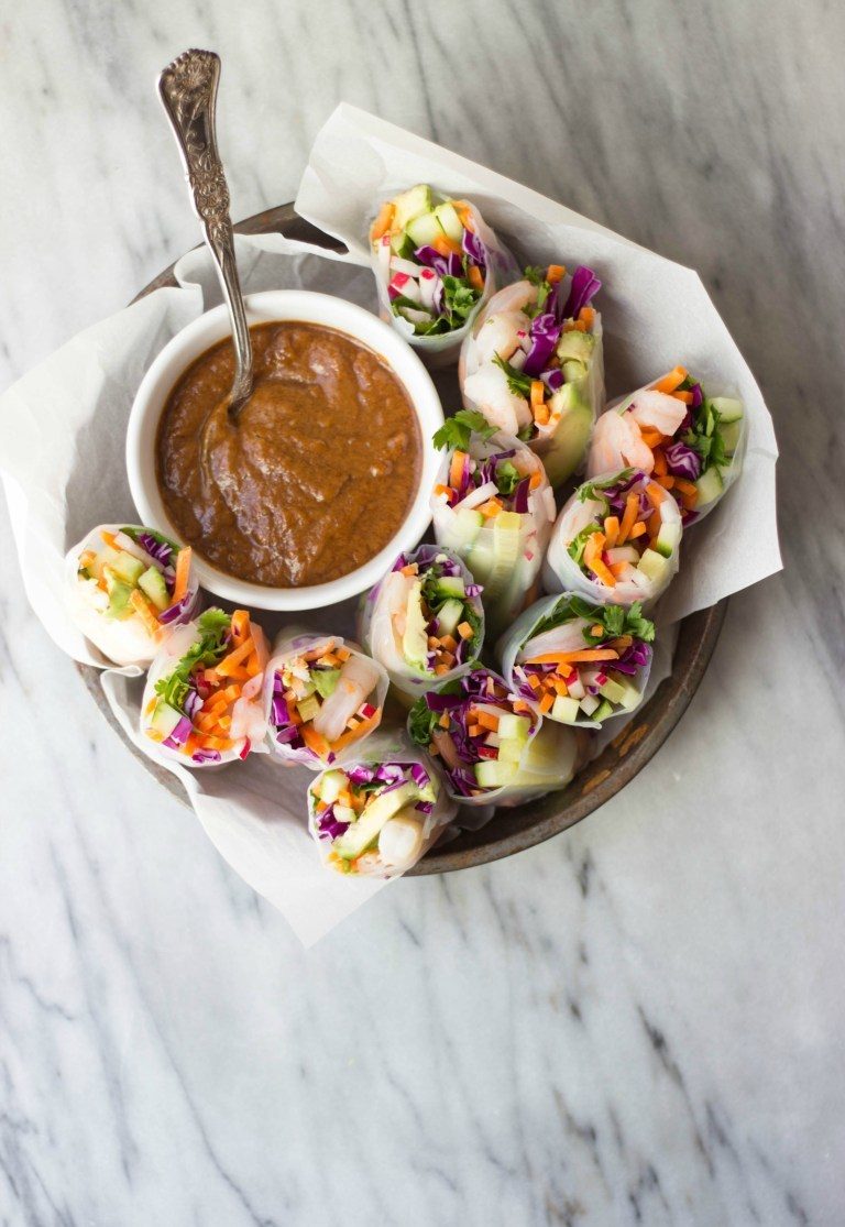 Shrimp & Vegetable Spring Rolls with Ginger Peanut Sauce Recipe | HeyFood — heyfoodapp.com