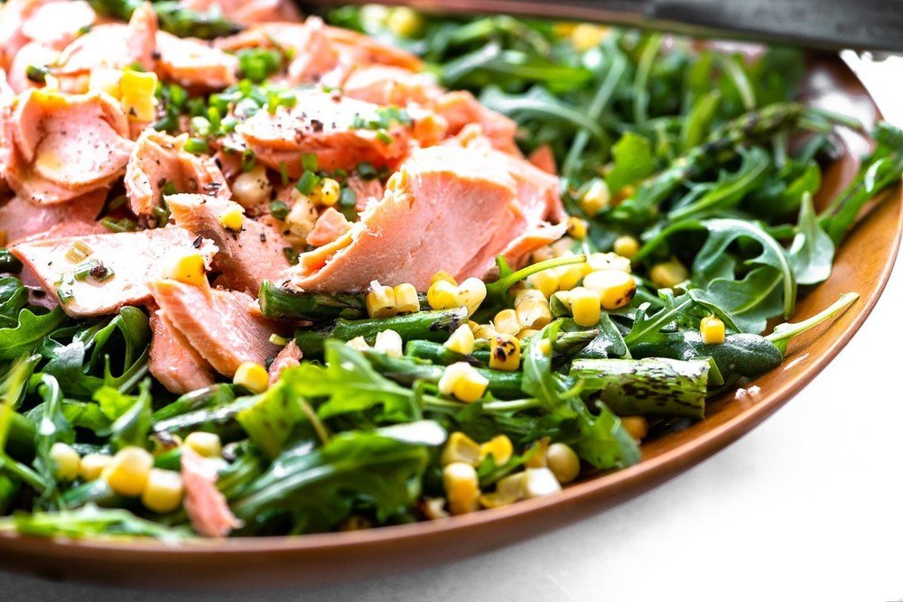 Blistered Corn and Asparagus Salad with Salmon Recipe | HeyFood — heyfoodapp.com