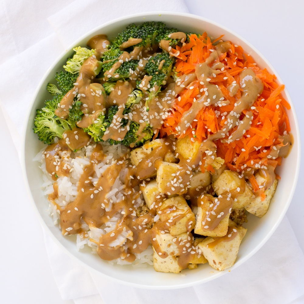 Peanut Tofu Rice Bowl With Carrots & Broccoli Recipe | HeyFood — heyfoodapp.com
