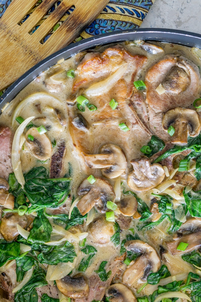 Mushroom Pork Chops With Spinach Skillet Recipe | HeyFood — heyfoodapp.com