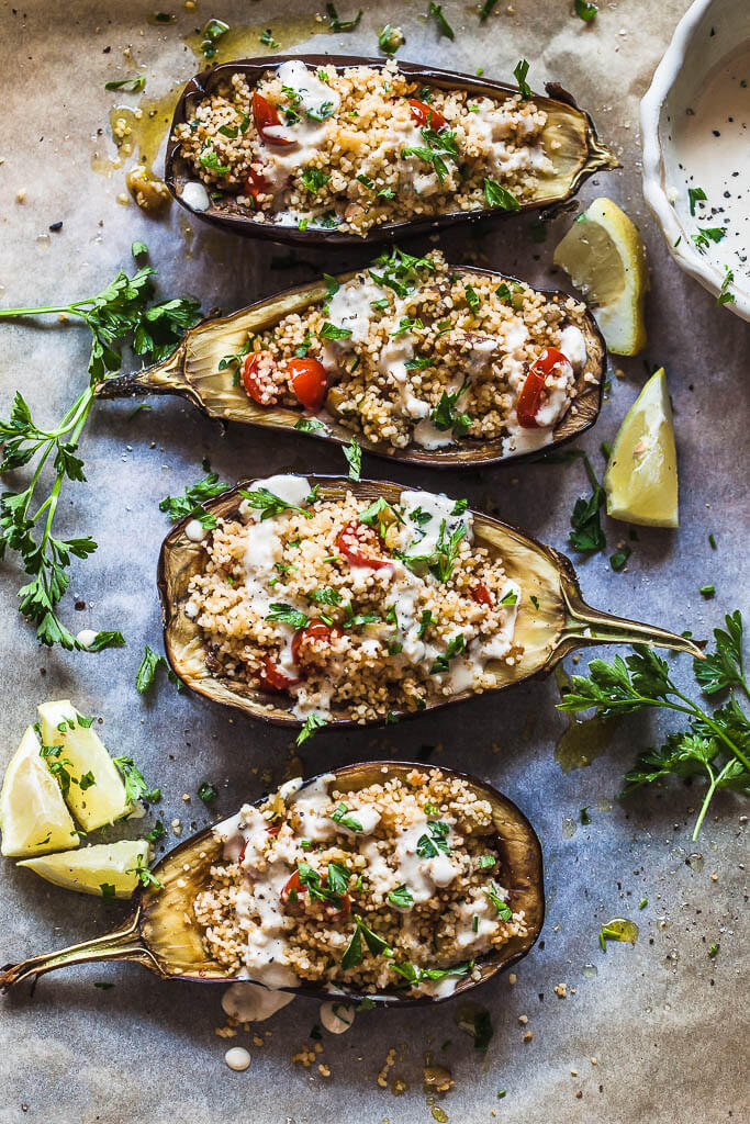 Couscous Stuffed Eggplant with Lemon Tahini Sauce Recipe | HeyFood — heyfoodapp.com