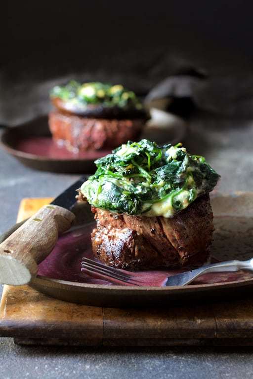 Beef Tenderloin Fillets with Spinach Cambozola Stuffed Portobello Mushrooms and Red Wine Sauce Recipe | HeyFood — heyfoodapp.com