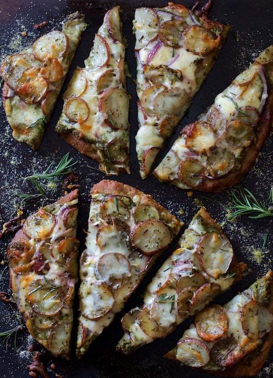 Naan Potato Pizza with Radish Top Pesto and Smoked Mozzarella Recipe | HeyFood — heyfoodapp.com
