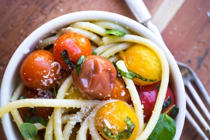 Bucatini with Burst Tomatoes Recipe | HeyFood — heyfoodapp.com