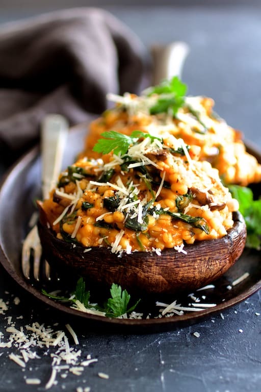 Barley Risotto Stuffed Portobello Mushrooms Recipe | HeyFood — heyfoodapp.com