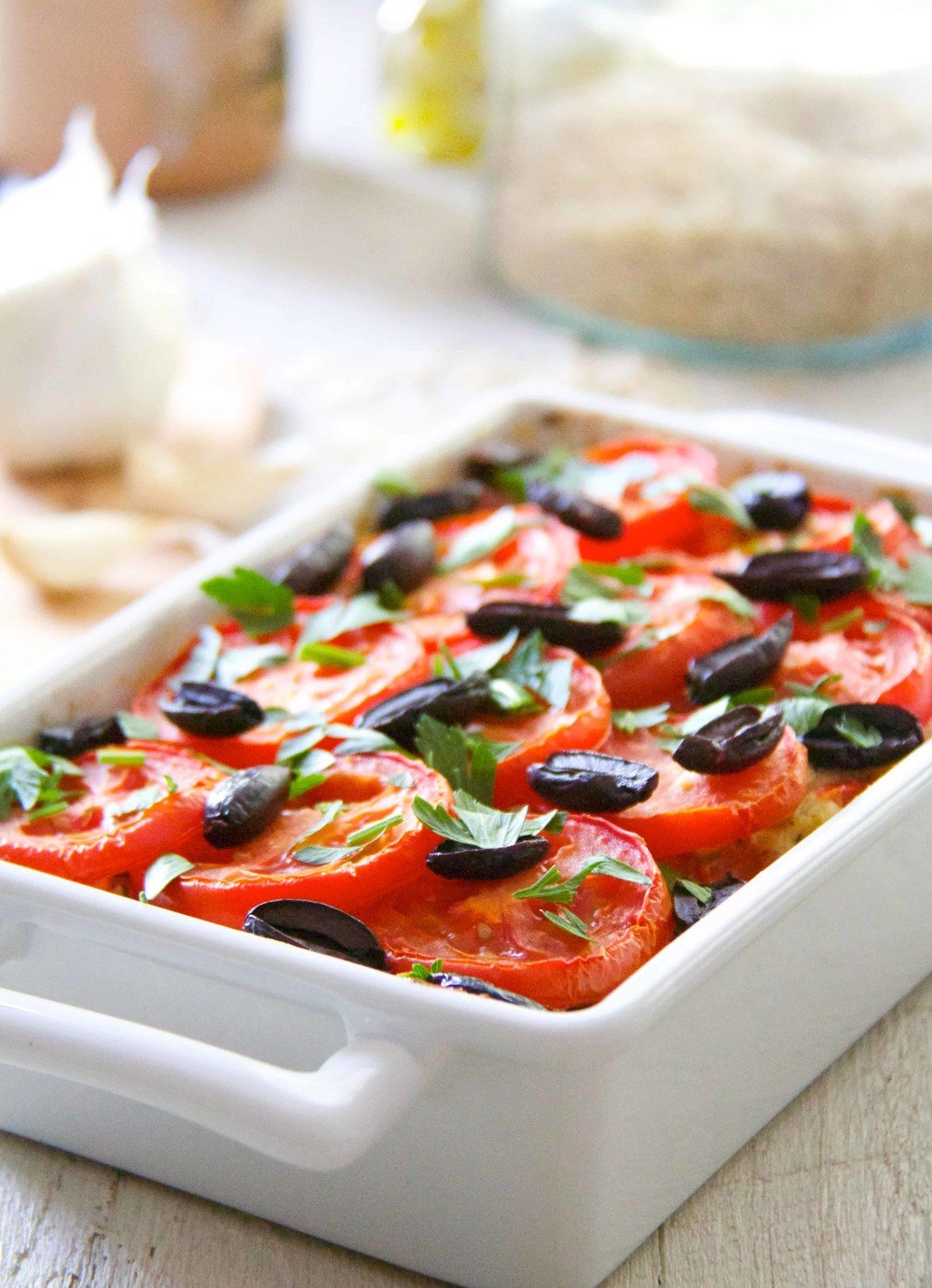 Brown Rice and Summer Vegetable Casserole with Feta and Black Olives Recipe | HeyFood — heyfoodapp.com