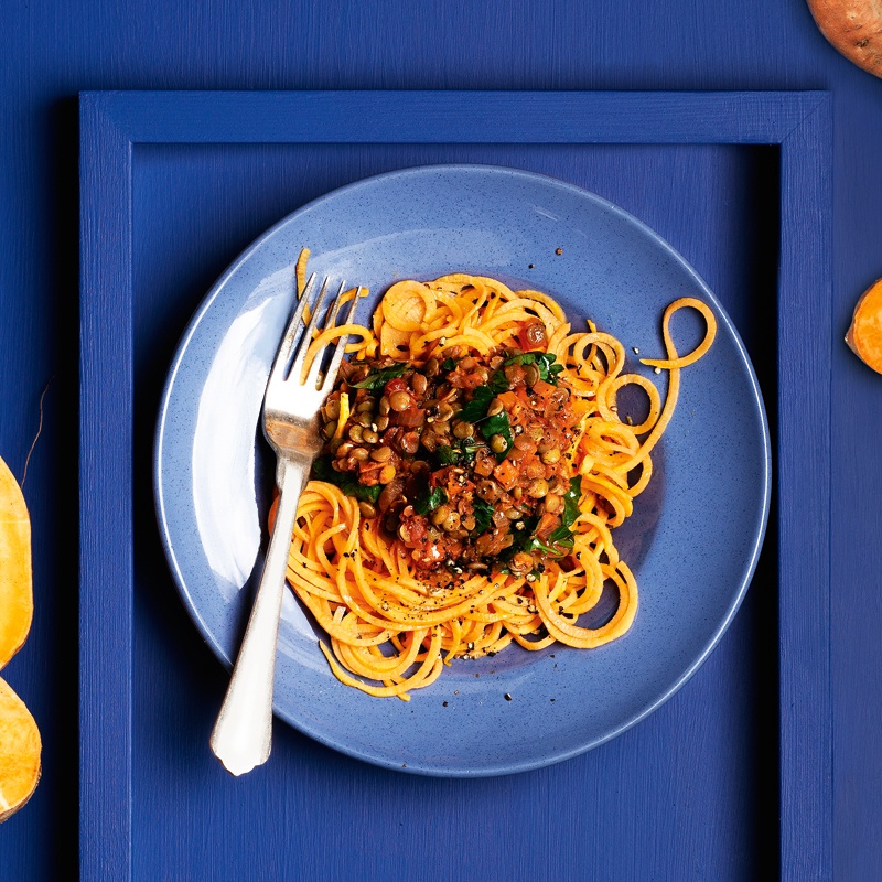 Lentil Bolognese With Sweet Potato Spaghetti Recipe | HeyFood — heyfoodapp.com