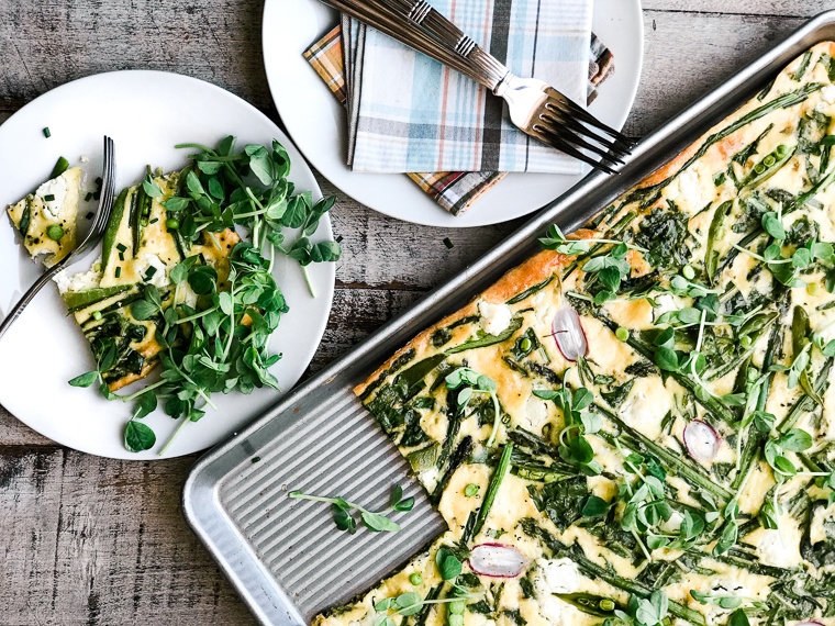 Sheet Pan Frittata with Spring Greens Recipe | HeyFood — heyfoodapp.com